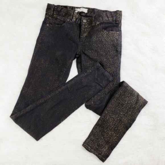 Free People Gold Leopard Print Jeans Y2K Denim Black Cheetah size 25 Stretch - Picture 2 of 13